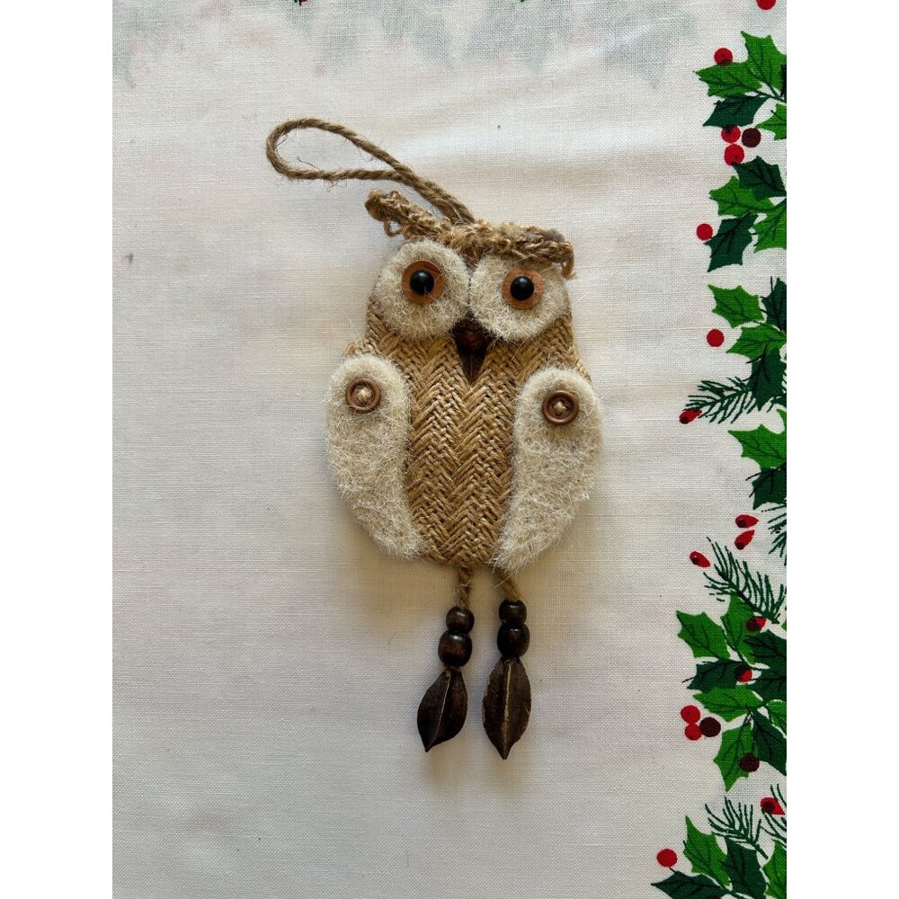 Handmade Burlap Rustic Owl Ornament Twine Hanger Wooden Beads Rustic Decor